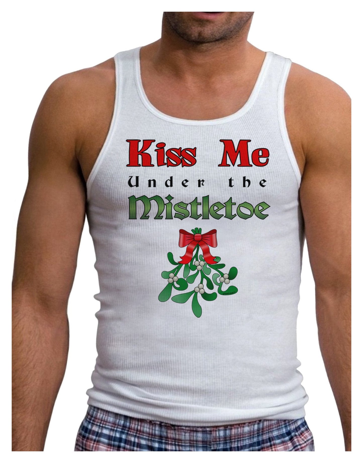 Kiss Me Under the Mistletoe Christmas Mens Ribbed Tank Top-Mens Ribbed Tank Top-TooLoud-White-Small-NDS WEAR