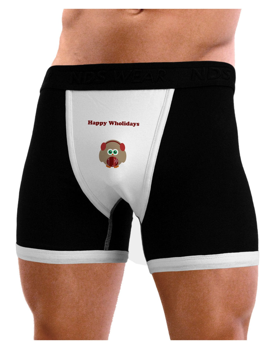 Happy Wholidays Winter Owl With Earmuffs Mens Boxer Brief Underwear-Boxer Briefs-NDS Wear-Black-with-White-Small-NDS WEAR